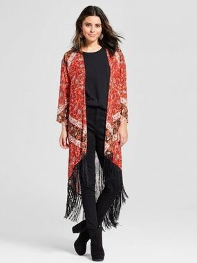 Xhilaration Boho Bloom Fringe Kimono Red Floral XS